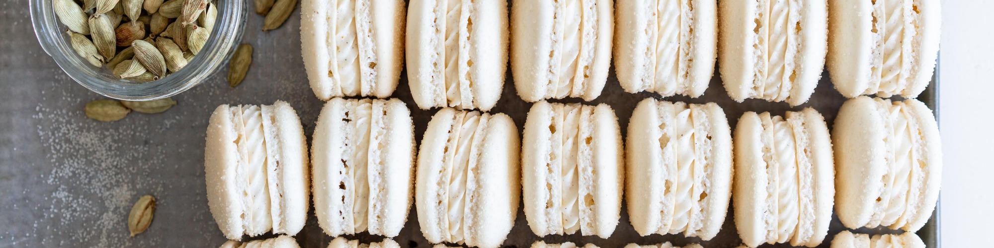 domino golden sugar macarons with cardamom cream cheese filling