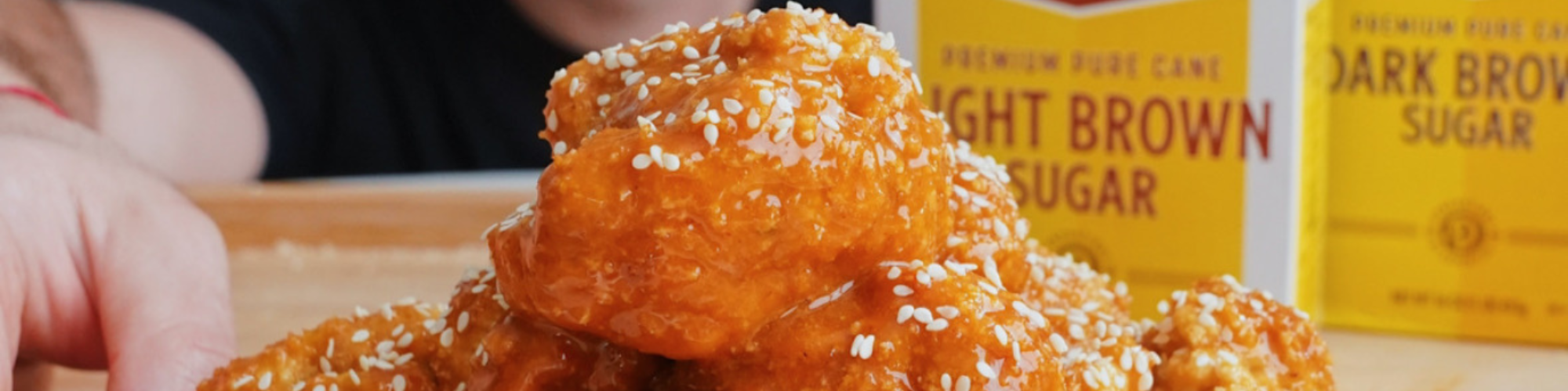 sweet heat cauliflower wings with domino dark brown sugar sauce and light brown sugar