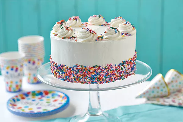 rainbow sprinkles cake with domino powdered sugar cream cheese frosting