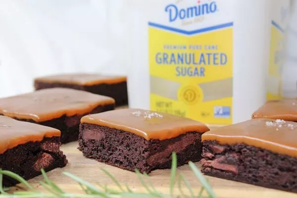 domino granulated sugar and rosemary infused salted caramel brownies