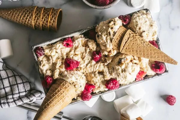 Toasted Marshmallow No-Churn Ice Cream with Raspberries