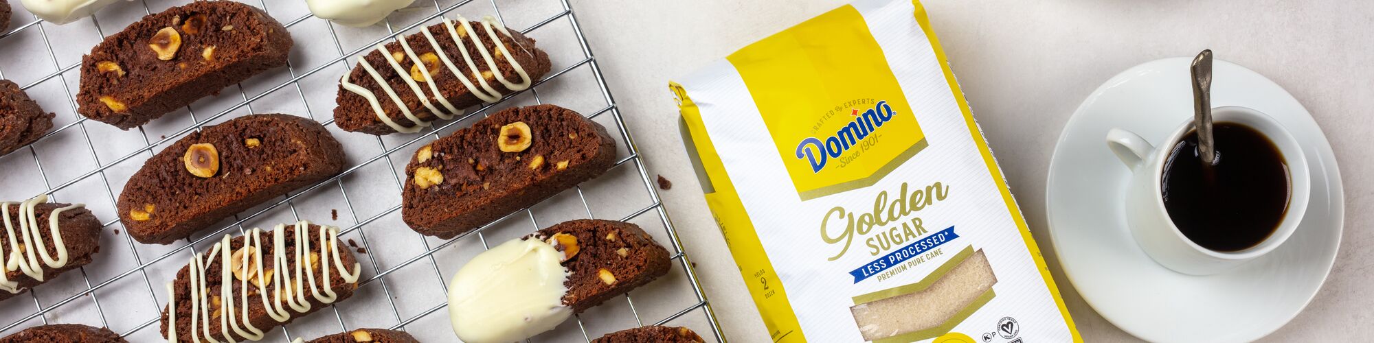 chocolate hazelnut biscotti made with domino golden sugar