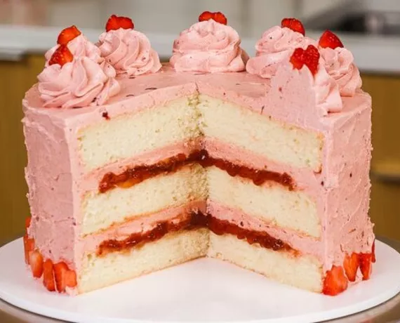 domino golden sugar strawberry layer cake with strawberry jam and frosting