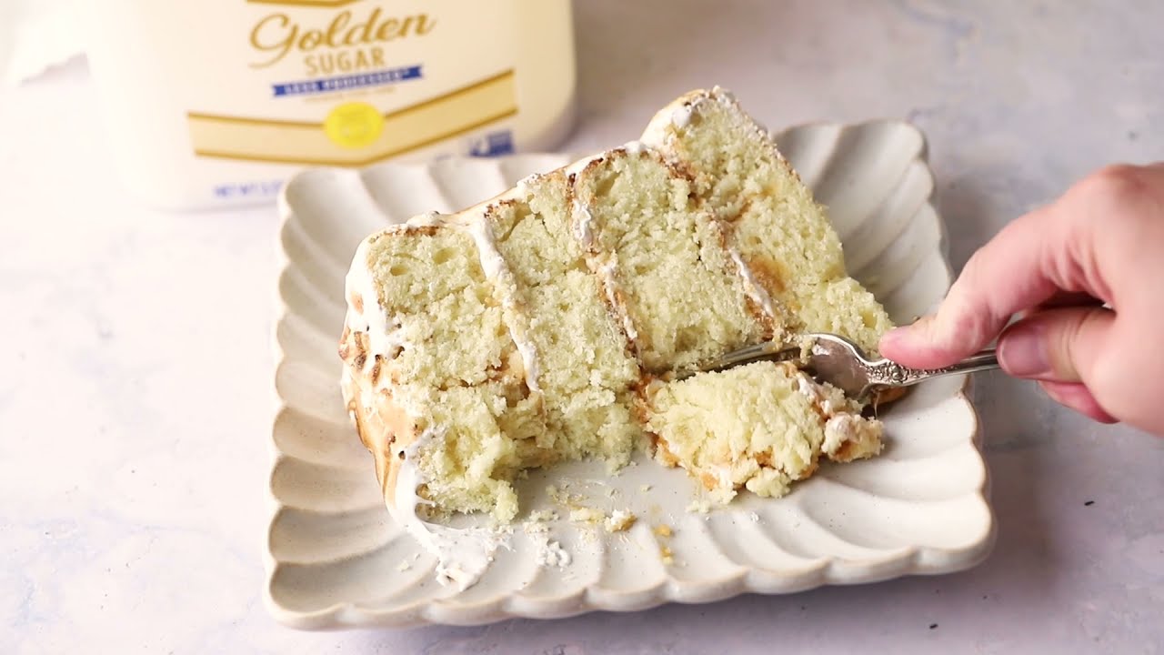 domino golden sugar meringue cake with caramel filling