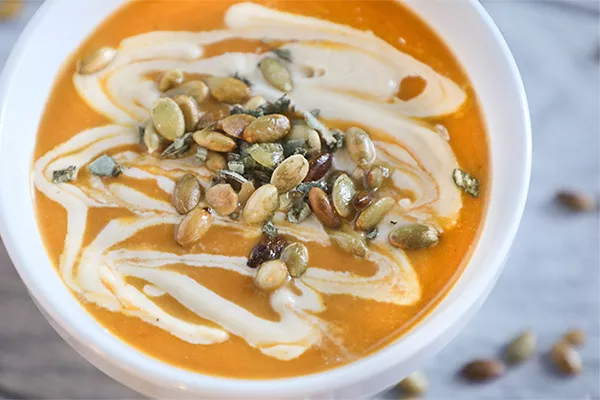 pumpkin bisque with sweet ginger cream and domino light brown sugar