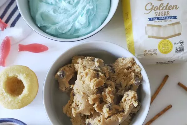 domino golden sugar, cookie dough and blue buttercream frosting