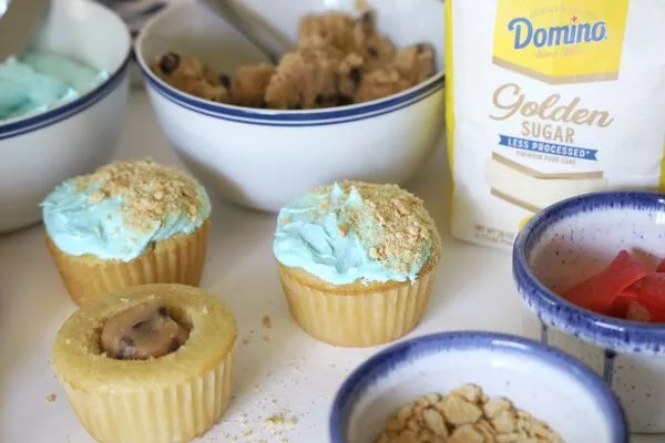 stuffed cookie dough cupcakes with domino golden sugar and dark brown sugar