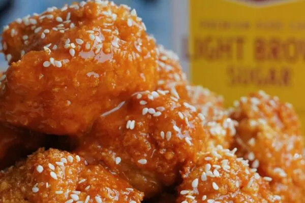 sweet heat cauliflower wings with domino dark brown sugar sauce and light brown sugar