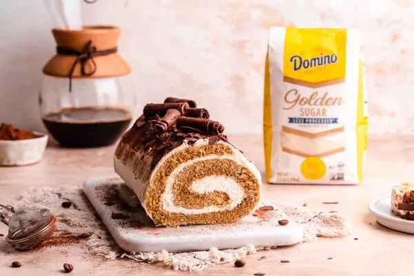 domino golden sugar and tiramisu roll cake with domino light brown sugar and powdered sugar