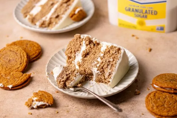 slice of oatmeal cream pie cake baked using domino granulated sugar easy baking tub