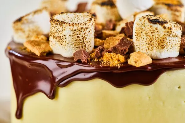 s'mores cake with domino light brown sugar, topped with toasted marshmallows