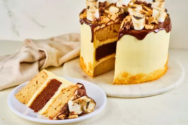 slice of s'mores cake baked with domino light brown sugar