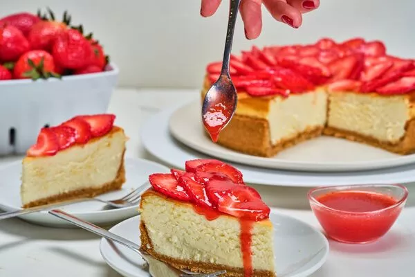 domino golden sugar cheesecake topped with strawberry sauce