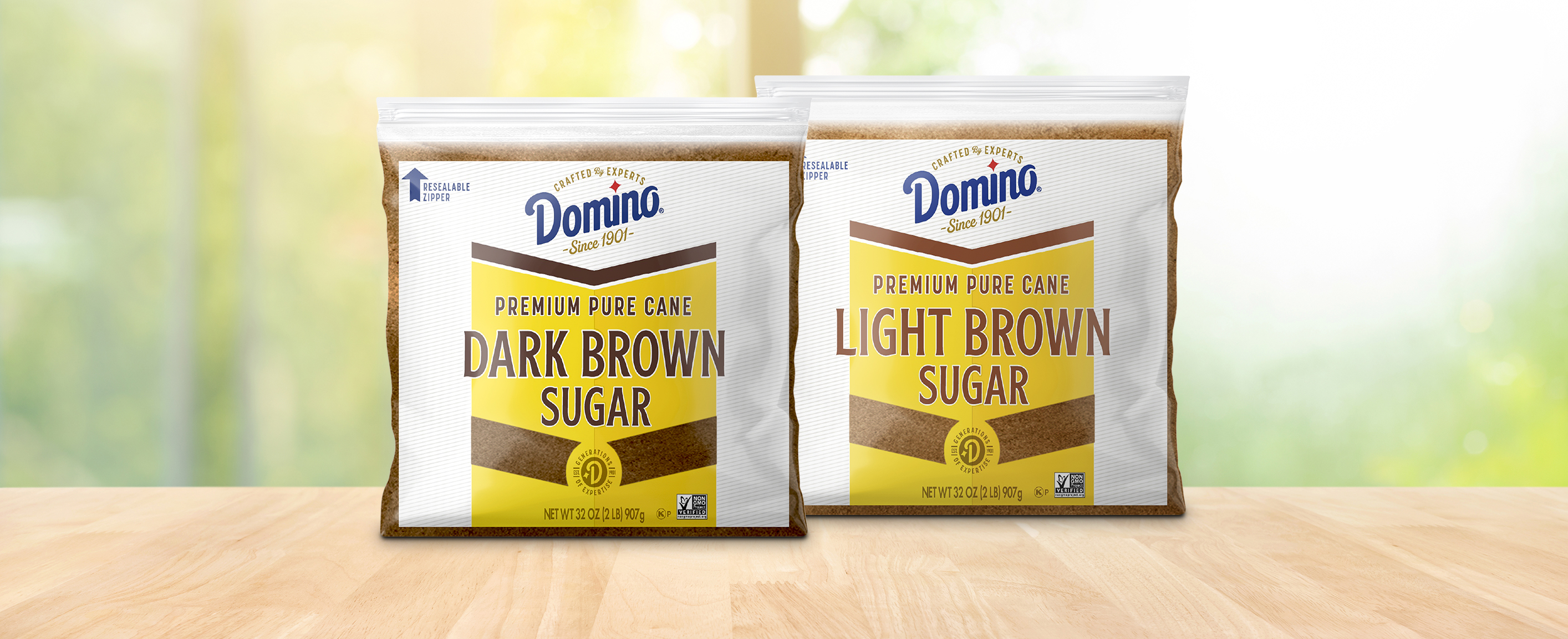 domino sugar zipper bags with dark brown sugar and light brown sugar.