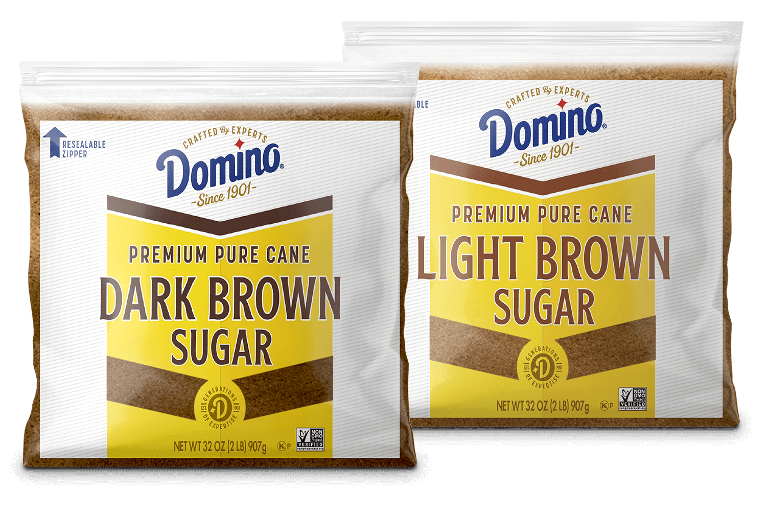 Domino brown sugar zipper bags for light and dark brown sugar.